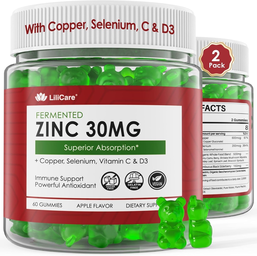 Zinc Gummies + Copper, Selenium, Vitamin C & D3, Fermented Zinc Supplements for Women and Men with Elderberry for Daily Immune Support, Powerful Antioxidant, High Absorption, Vegan, Sugar Free, 2 Pack