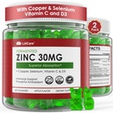 Çinko Gummies + Copper, Selenium, C & D3, Günlük Immune Desteği, Güçlü Antioksi, Yüksek Aborpsiyon, Vegan, Sugar Free, 2 Pack
