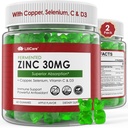 Çinko Gummies + Copper, Selenium, C & D3, Günlük Immune Desteği, Güçlü Antioksi, Yüksek Aborpsiyon, Vegan, Sugar Free, 2 Pack
