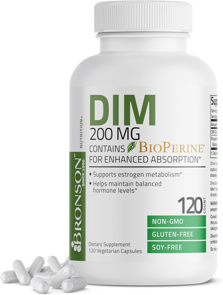 Bronson DIM συμπλήρωμα 200 MG Diindolymethane με BioPerine για ενισχυμένη απορρόφηση, οιστρογόνο μεταβολισμό & διατηρεί ισορροπημένα επίπεδα ορμονών, 120 κάψουλες χορτοφάγων