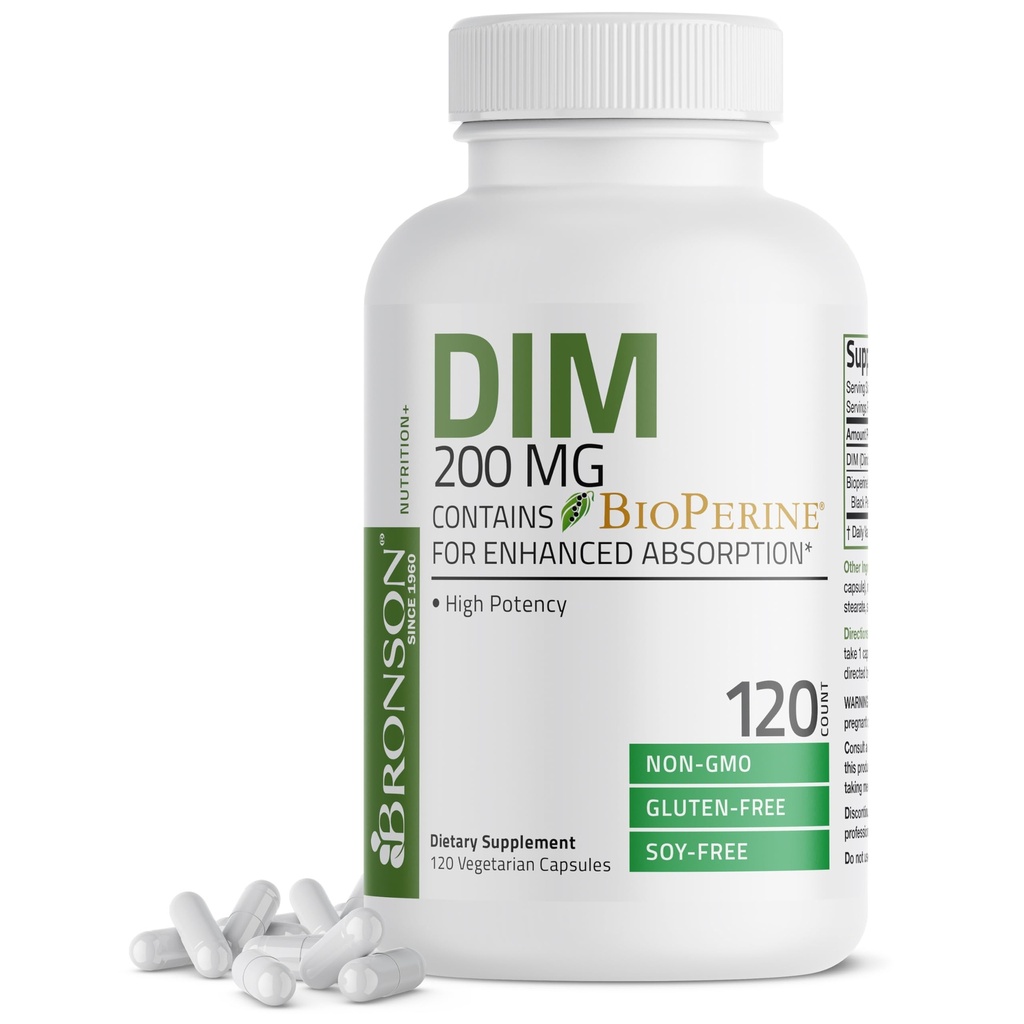 Bronson DIM Supplement 200 MG Diindolymethane with BioPerine for Advancedd Abors, Estrogen Metabolism & Keeps Balanced Hormon Seviyeleri, 120 Vegetarian Capsules