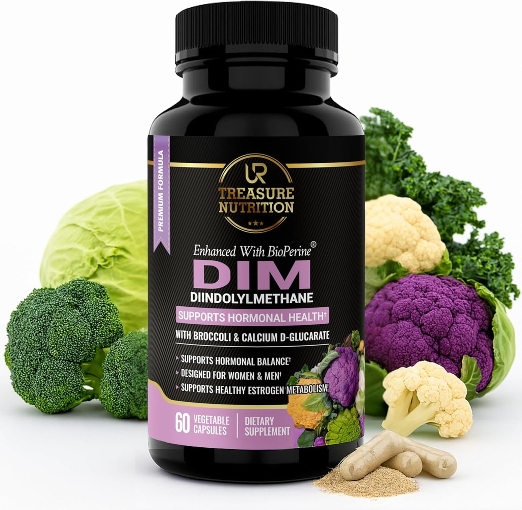 DIM Supplement with Broccoli Extract and BioPerine - Natural Hormon Balance Support for Women and Men - Estrogen Balance - Menopause, Acne - 60 Vegetarian Capsules withuba D-Glucarate