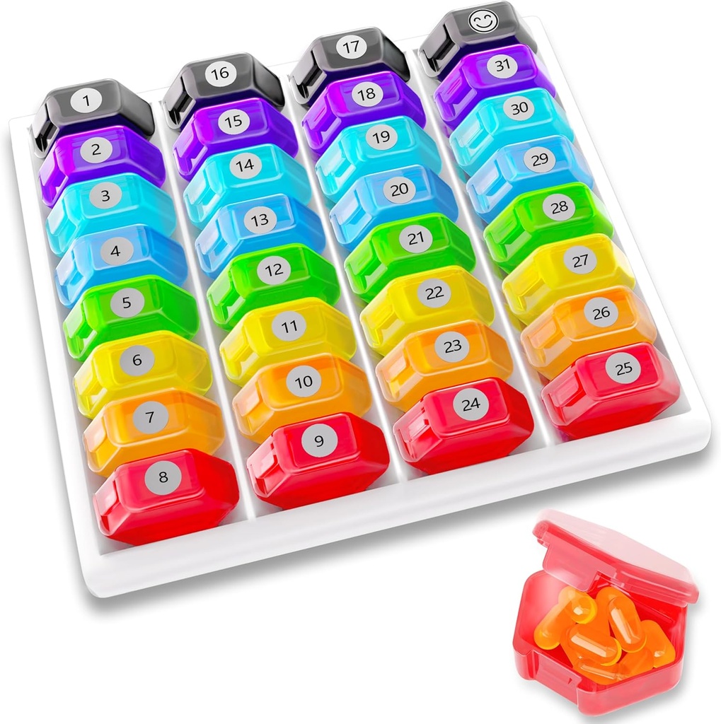 Monthly Pill Organizer 1-Time a-Day: 30 Day Pill Organizer with Etiketler, Portable Monthly Pill Box, Moon Pillrec for Vitamin, Medicine, Fish Oil, Supplements