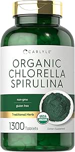 Carlyle Organik Klorella Spirulina Tabletler | 1300 Kont | 50/50 Mix | Non-GMO ve Gluten Free Supplement Supplement