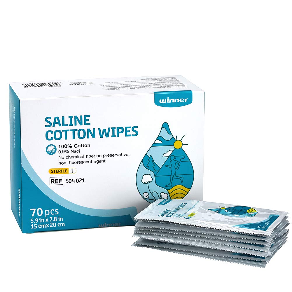Νικητής Sterile Saline Wipes, 6" x 8" Μεγάλη προσωπική φροντίδα μαντηλάκια, Gentle Saline Pads for Piercings, Multi-Purpose for Sensitive Eyes and Face, Individually Wrapped, 70 Count