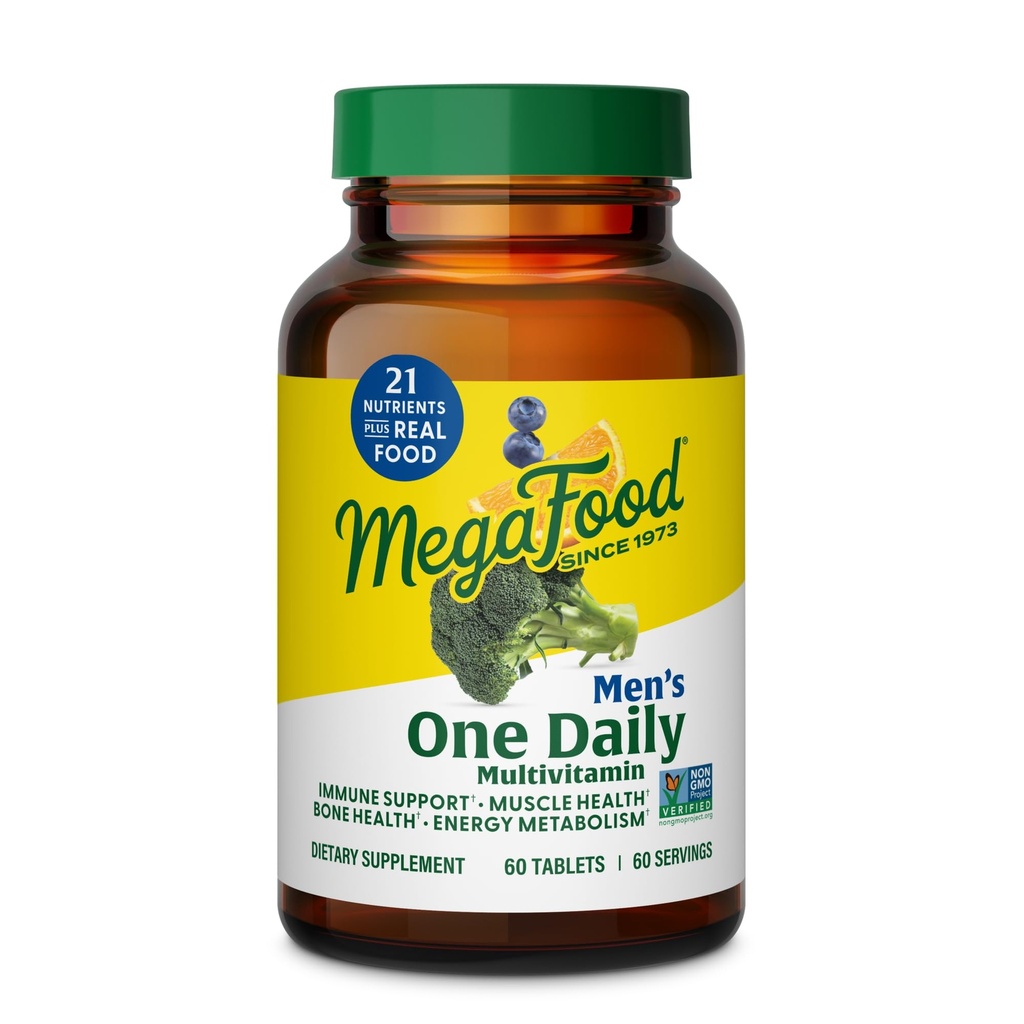 MegaFood One Daily Mens Multivitamins - Erkekler için Multivitamin - C vitamini, D3 & Vitamin B12 - Kas, Enerji Metabolism & Immune Support - Vegetarian, Gluten Free - 60 Tablet, 60 Hizmet