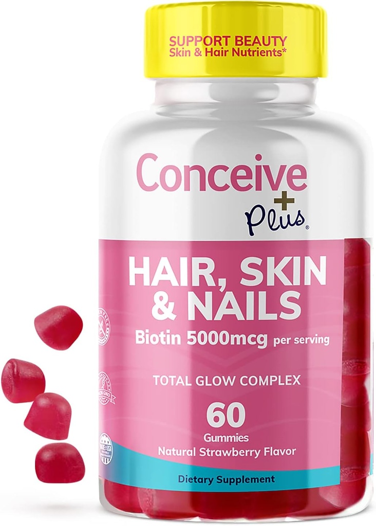 Conceive PLUS Δέρμα μαλλιών & Καρφάκια Gummies - Extra-ενίσχυση Βιοτίνη, VIT A, C, D3, E Βιταμίνες - Vegan, συμπλήρωμα ανάπτυξης μαλλιών - Ζελατίνη-ελεύθερο - 60 Count