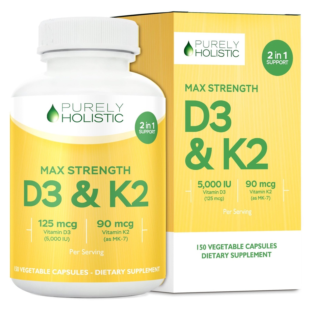 Αμιγώς ολιστική βιταμίνη D3 125mcg και βιταμίνη K2 90mcg MK7-4 Μήνας προσφοράς 150 κάψουλες χορτοφάγων - Βιταμίνη D3 & K2 Menaqunione - Υψηλής αντοχής Cholecalciferol Made in The USA