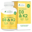 Αμιγώς ολιστική βιταμίνη D3 125mcg και βιταμίνη K2 90mcg MK7-4 Μήνας προσφοράς 150 κάψουλες χορτοφάγων - Βιταμίνη D3 & K2 Menaqunione - Υψηλής αντοχής Cholecalciferol Made in The USA