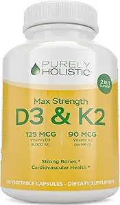 Safly Holistic Vitamin D3 125mcg ve Vitamin K2 9006-4 Ay Supply 150 Vejetaryen Capsules - D3 & K2 Menaqunione - ABD'de Yapılan Yüksek Güç Cholecalciferol