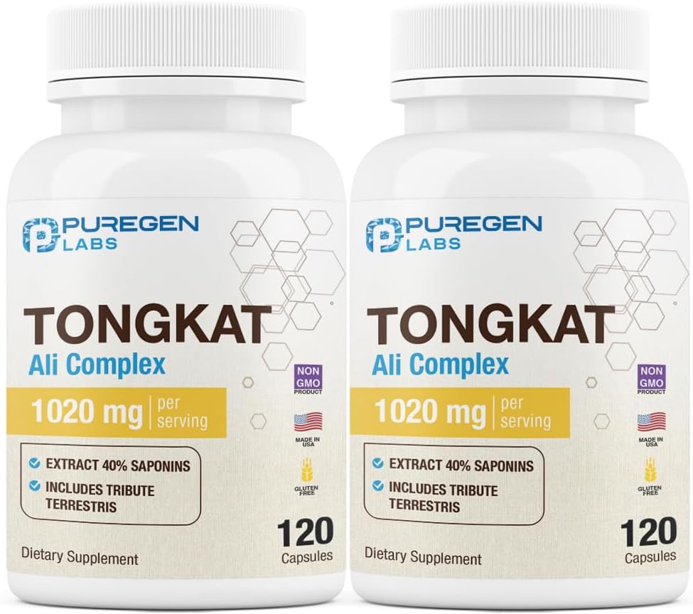 Puregen Laboratuvarları Tongkat Ali, hizmet başına 200 ila 1, 1020 mg, [Yüksek Potency] Total 240 Capsules - Erkeklerin Sağlık Desteği 20 mg Tribulus Terrestris | ABD'de Yap, Gluten Free, Made in USA