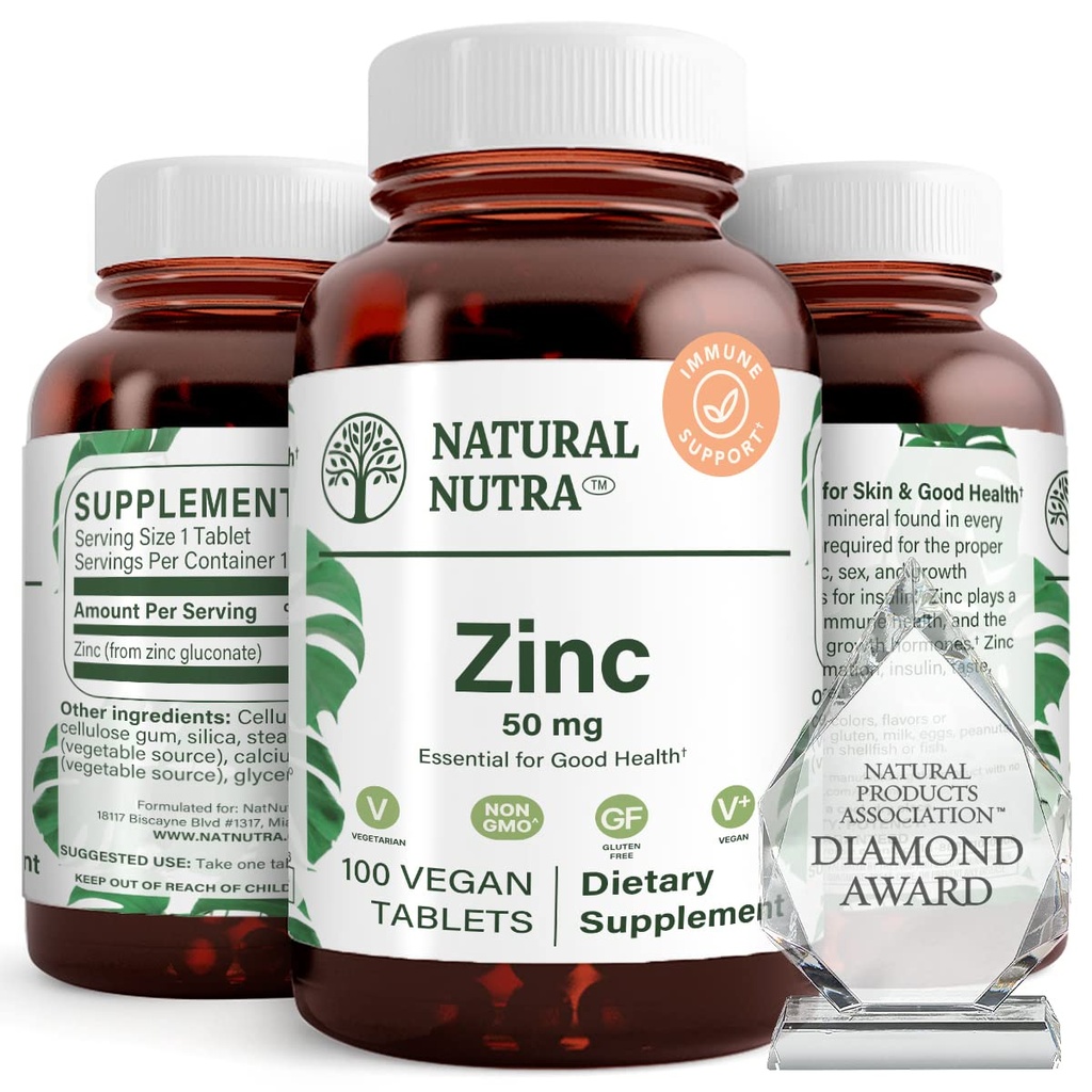 Natural Nutra Zinc Gluconate 50mg Supplement for Immune Support, Promotes Skin Health, Provides Ease From Flu & Cold, Boost Learning & Memory, Enhance Taste & Smell, Gluten Free 50mg 100 Vegan Tablets