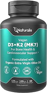 Naturalis Vegan Vitamin D3 + K2 from Algae | 5000iu Vitamin D with 120mcg MK7 Vitamin K | Vegan Society Certified, Sustainably Sourced, Better Than Animal Derived | 60 Veggie Softgels