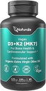 Naturalis Vegan Vitamin D3 + K2 from Algae | 5000iu Vitamin D with 120mcg MK7 Vitamin K | Vegan Society Certified, Sustainably Sourced, Better Than Animal Derived | 60 Veggie Softgels