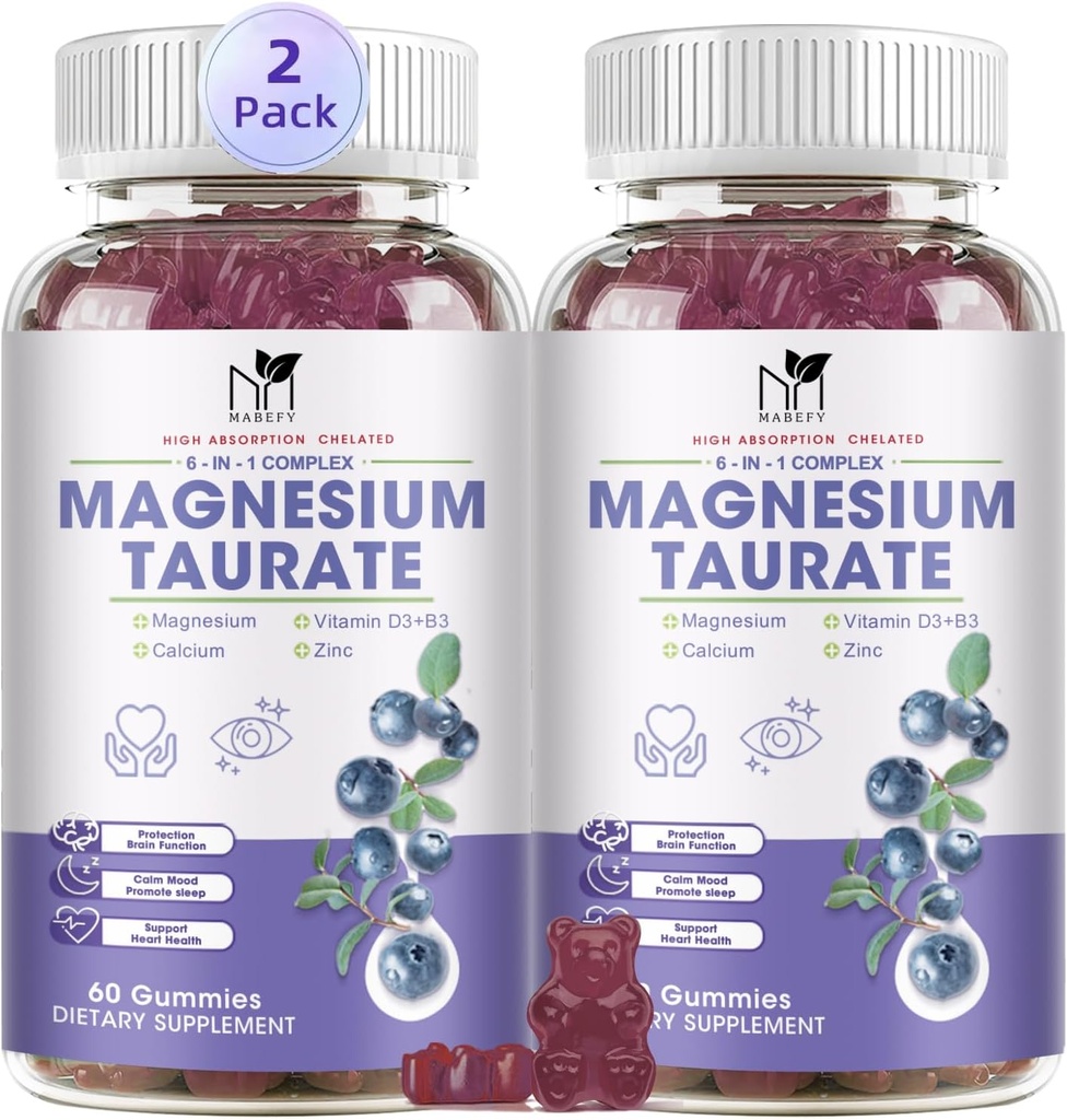 2 Pack Supplement - Magnezyum Taurate Glycinate Gummies with As Magnezyumpartate, Malate, Chewable Magnezyum Kompleksi, Kas ve Kalp Sağlığı Desteği