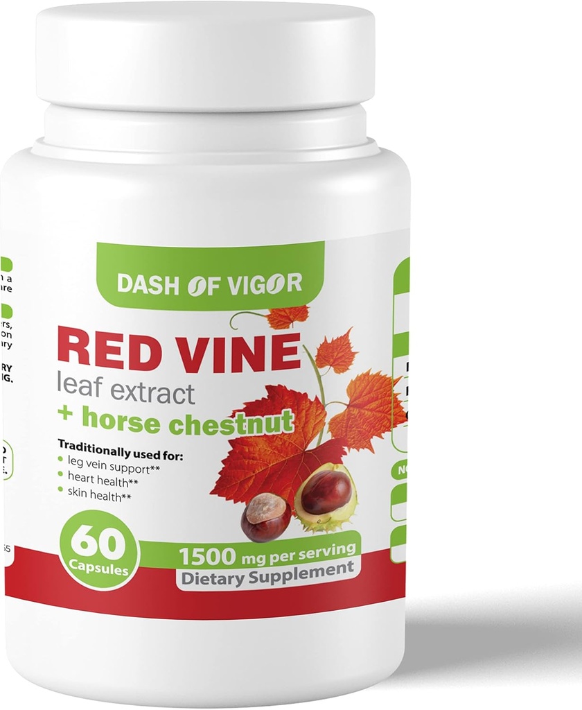 Vigor Red Vine Leaf Extract (Vitis Vinifera) ve Horse Chestnut Ekstraksiyonu, Red Vine Extract for Health Skin, Leg Veins, Circulation, and Heart, 1500 mg, 60 Capsules