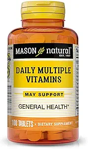 Mason Natural Daily multiple Vitaminleri - A, C, D3, E, B1, B2, B3, B6, B12, Folate anduba for general Health, 100 Tablet