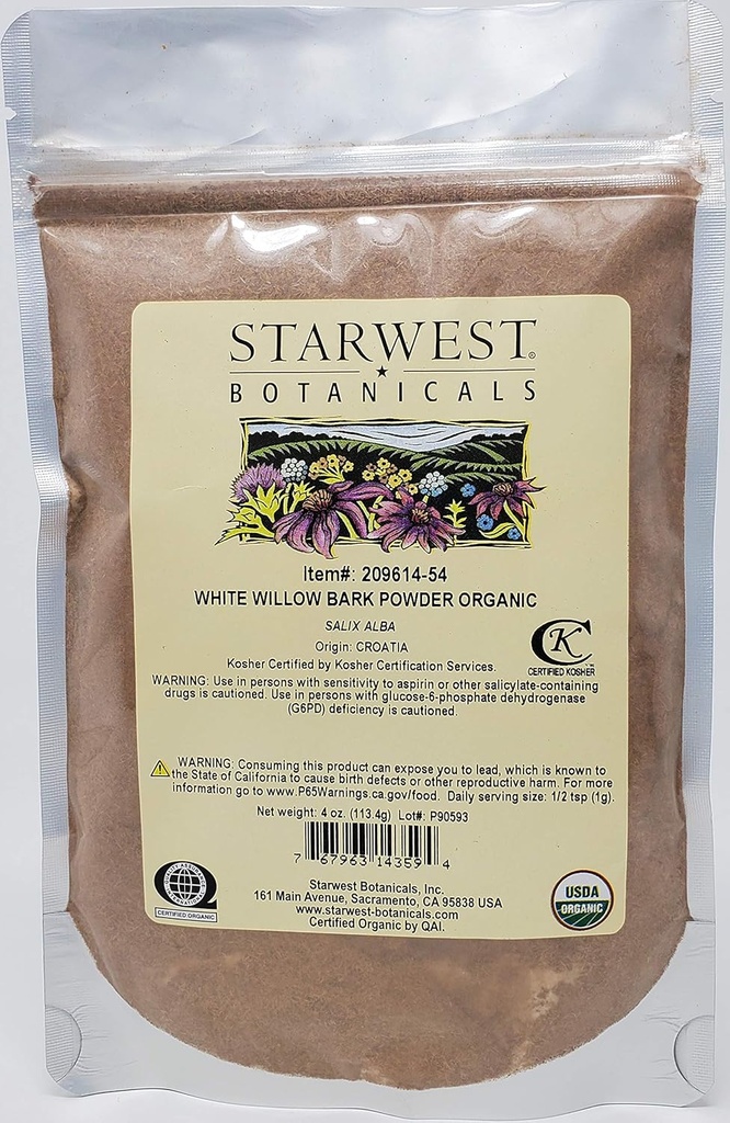 Starwest Botanicals Organic White Willow Bark Toz, 4 Ounces