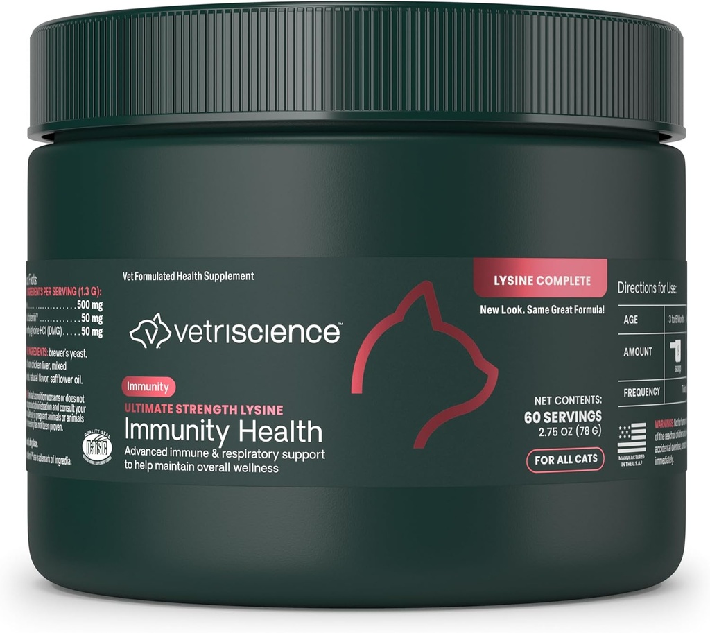 VetriScience Ultimate Strength Lysine Immunity Health Powder for Cats & Kittens, Συμπλήρωμα για Αλλεργία & Ρινική Υποστήριξη, Φτάρνισμα, Runny Nose & Watery Eyes, Κοτόπουλο & Γεύση Τυριού, 60 Count -New Look