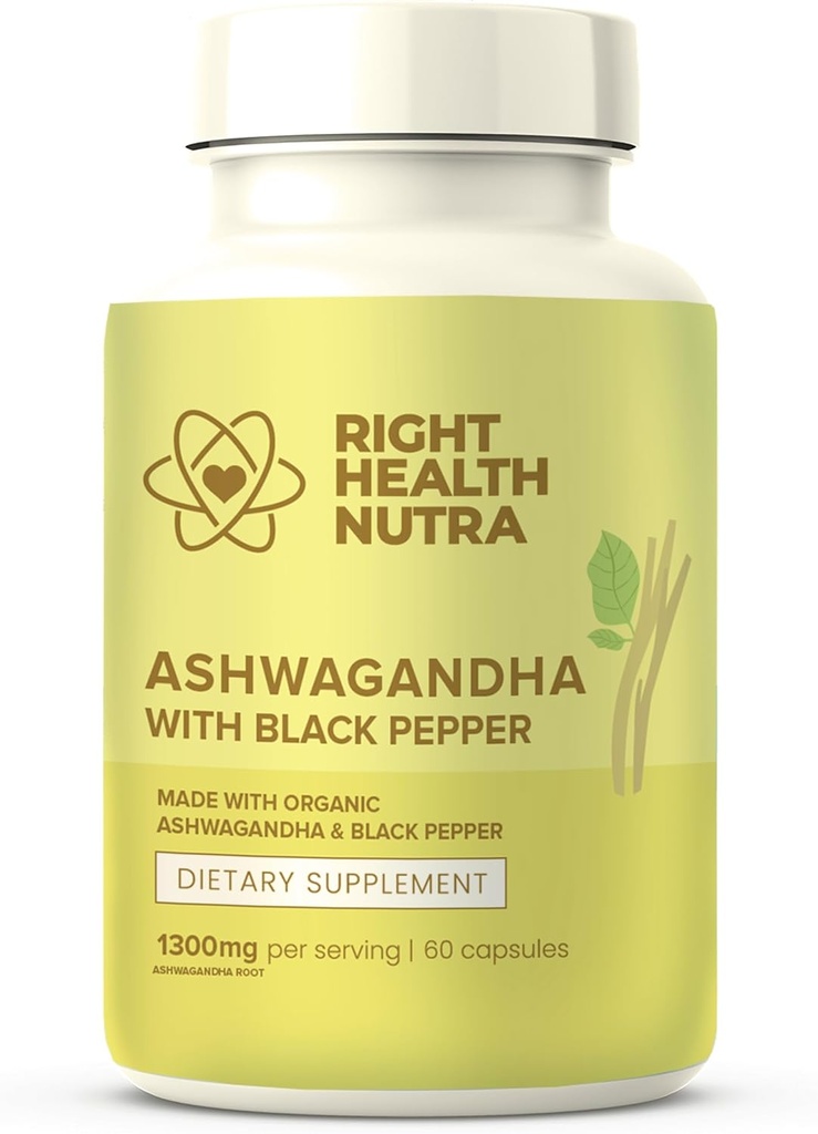 Doğru Sağlık Nutra Ashwagandha Capsules - 60 Kont - 1300 mg Oda başına - Siyah Pepper ile Erkekler ve Kadınlar için Kara Pepper'a yönelik olarak - ABD'de Yapılan Supplementler