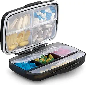Seyahat Pill Organizer Büyük Portatif İlaç Tamicon Oversize 8 Karşılaştırmalı Pill Box, Vitamin Seyahat Davası Pill Sahibi - Airtight & Moistureproof (Black)
