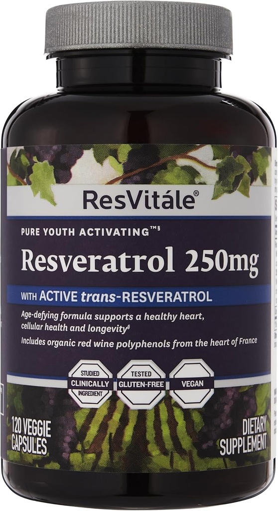 ResVitale Resveratrol 250 mg - Erkekler ve Kadınlar için Resveratrol Tamam - 120 Veggie Capsules