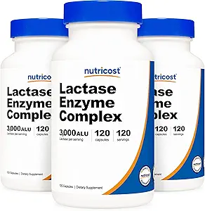 Nutricost Lactase Enzyme Kompleksi 3.000COM ALU, 120 Veggie Capsules - Non-GMO, Gluten Free, 120 Servisler (3 Şişeler)