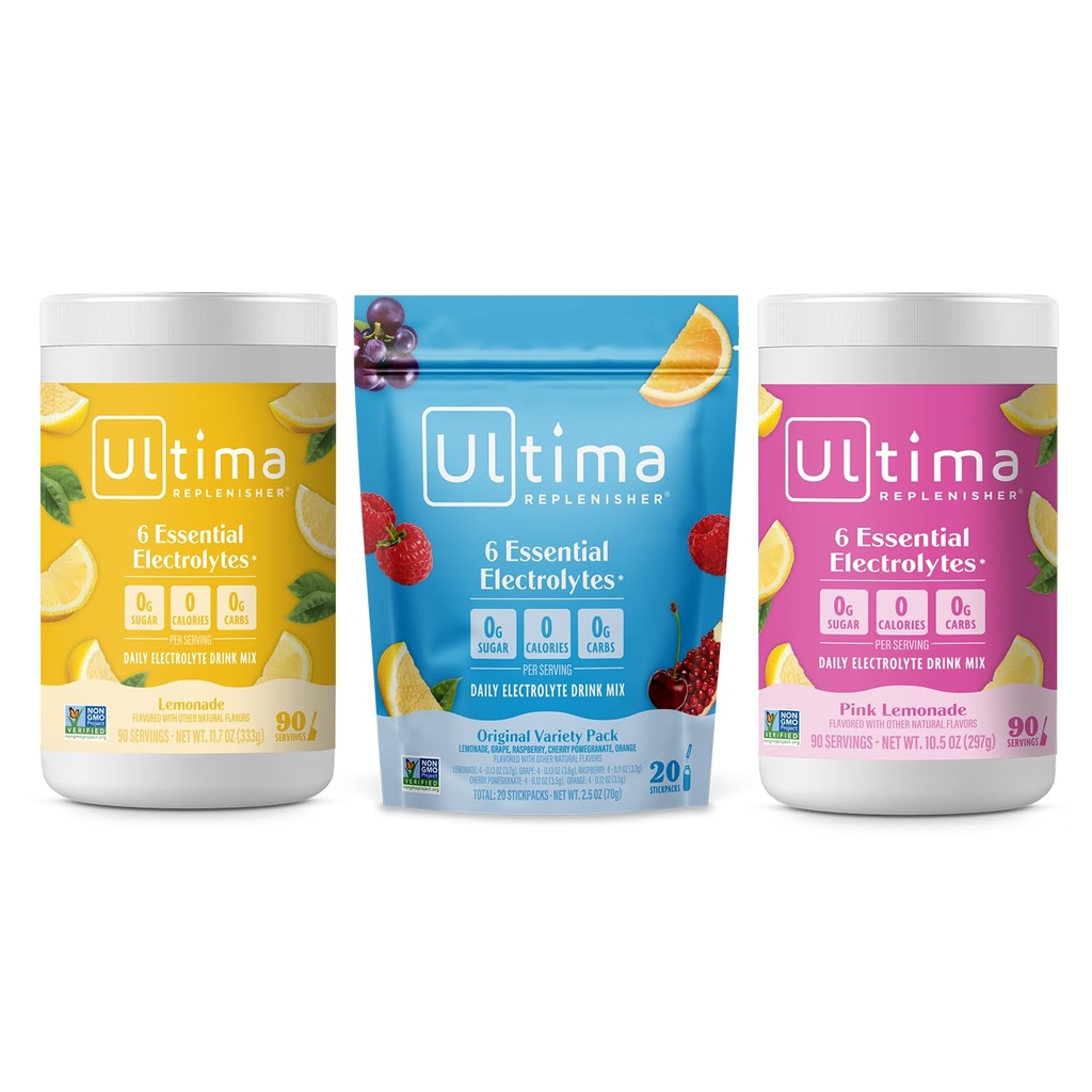 Ultima Replenisher Electrolyte Toz İçecek Mix Sche – Sugar Free – Lemonade, Pink Lemonade, Çeşitli-90 Servisler, 20 Stickpacks – 6 Electrolytes ve Minerals – Keto Friendly, Vegan, Non-GMOB