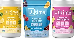 Ultima Replenisher Electrolyte Toz İçecek Mix Sche – Sugar Free – Lemonade, Pink Lemonade, Çeşitli-90 Servisler, 20 Stickpacks – 6 Electrolytes ve Minerals – Keto Friendly, Vegan, Non-GMOB