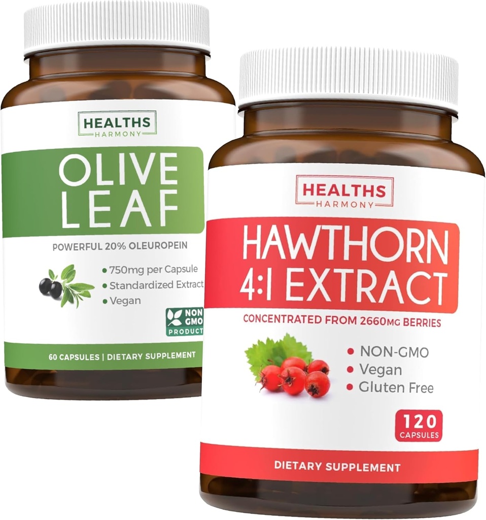 Bundle of Olive Leaf Extract & Hawthorn Berry Extarct - Healthy Herbs Bundle - Olive Leaf Extract with 20% Oleuropein & Hawthorn Berry 4:1 Extract - Concentrated from 2660mg Fresh Berries (120 Caps)