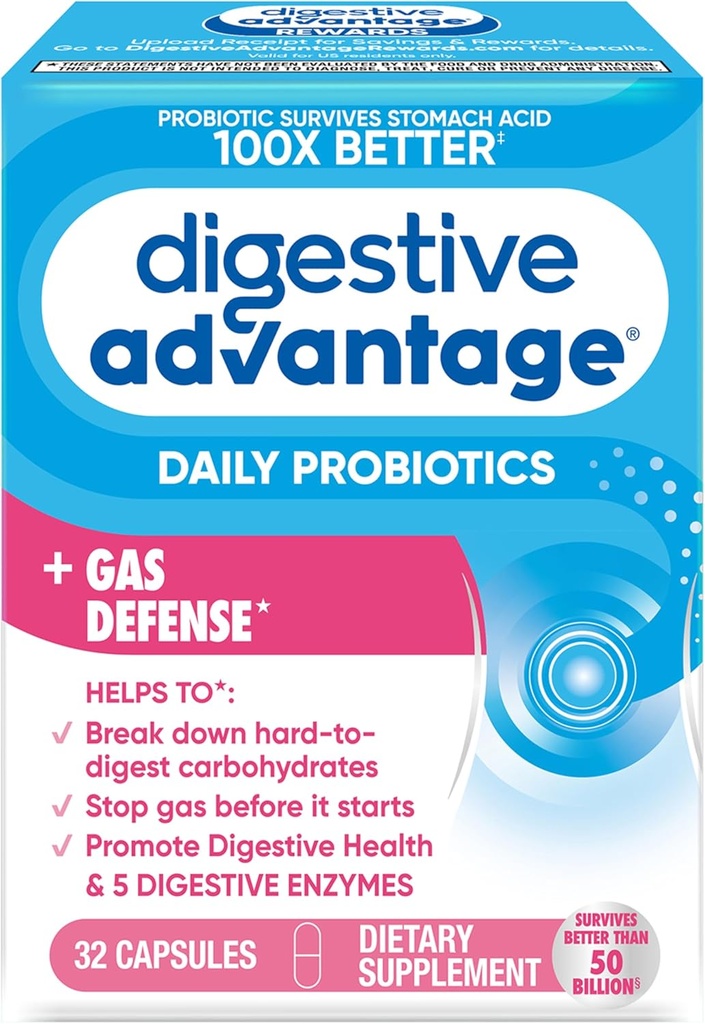 Digestive Enzyme ve Probiyotik Capsule- Digestive Avantaj 32 Capsules, Survives 100x Düzenli 50 milyar CFU'dan daha iyi, gıdayı parçalayın, gazın önlenmesine yardımcı olun