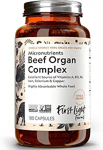 First Light Farms Freeze-Dried Wagyu Beef Organ Supplement Grass-Fed | 180 Capsules | Liver, Heart, Kidney & Spleen | Beef Organ Kompleksi, Sertifikalı İnsan