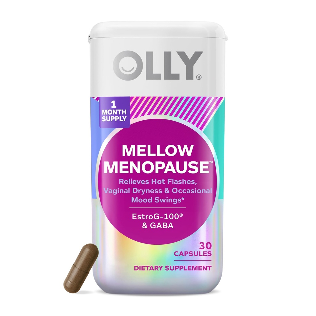 OLLY Mellow Εμμηνόπαυση Συμπληρώματα για τις γυναίκες, Υποστηρίζει καυτές αναλαμπές, Κολπική ξηρότητα & Περιστασιακές Swings Mood,* Estro-G100®, GABA, Vegan Κάψουλες, 1 μήνας προσφοράς - 30 κόμης