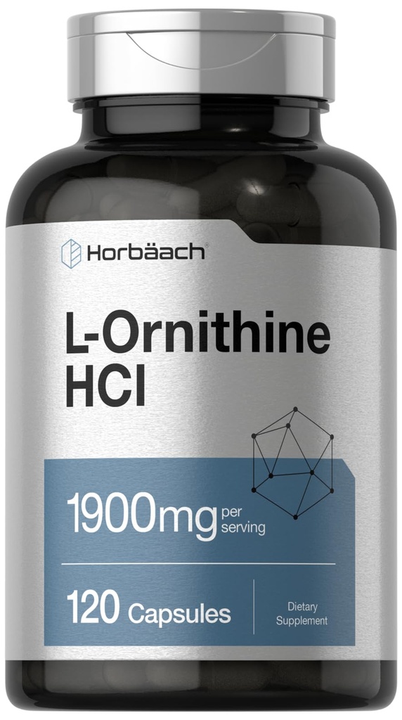 Horbäach L Ornithine HCl | 1900 mg | 120 Capsules | Non-GMO & Gluten Free Supplement Supplement Supplement