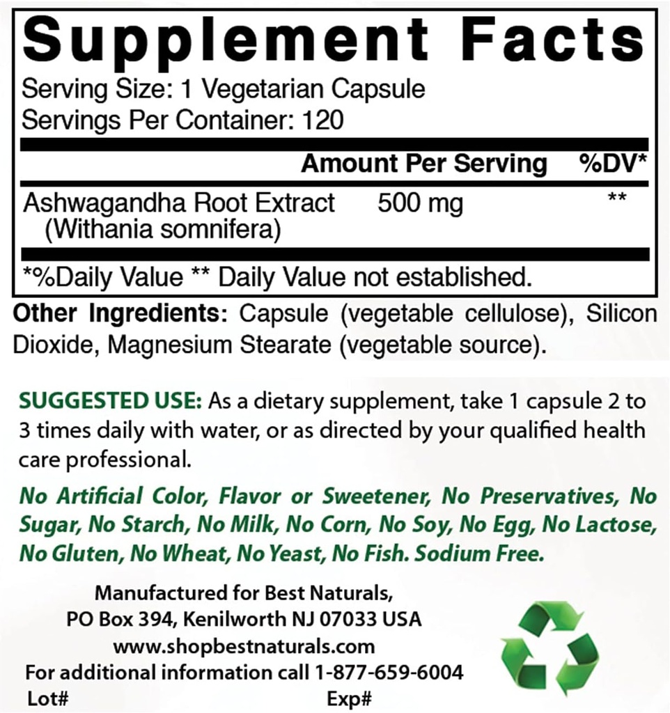 Best Naturals Ashwagandha εκχύλισμα 500 Mg & Gluconate ψευδάργυρου 50mg