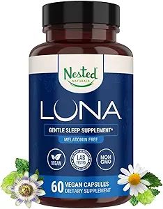 Nested Naturals Luna Sleep Supplement, Melatonin Free, Non-Habit Form Herbal Sleep Supplement, Yetişkin Bedtime Support, Uyku w /Chamo mil, Valerian, L-Theanine, 60 Vegan Capsules