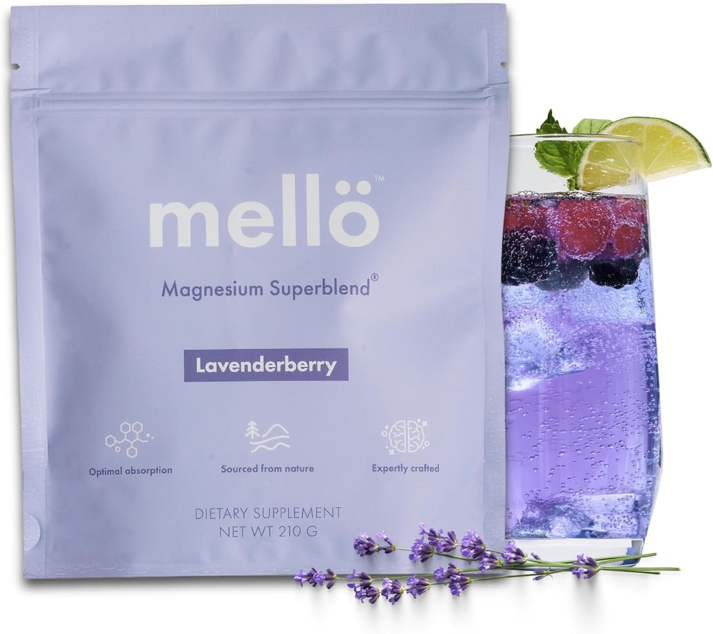 mellö Magnezyum Tamamlayıcı Toz - L-Theanine, GABA ve 70 Trace Mineralleri - Destekler Uyku, Rahatlama, Dengeli Enerji - Lavenderberry Flavor, 30 Hizmetler