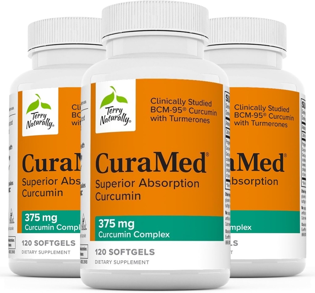 Terry Φυσικά CuraMed 375mg - Αντιοξειδωτικό συμπλήρωμα για την υποστήριξη του εγκεφάλου & ανοσοποιητικού υγείας - Συμπλήρωμα διατροφής με αιθέριο έλαιο κουρκουμίνης & κουρμερικής - Υποστήριξη βοτάνων ήπατος - 120 Softgels (πακέτο των 3)
