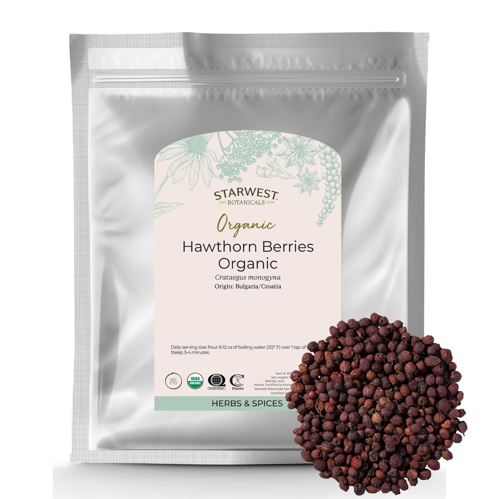 Starwest Botaniks Organik Hawthornges Whole - Tea, Jam, & Herbal Extracts, Natural Digestion Support, Certified Kosher, Non-GMO - Bulk 1 lb Bag