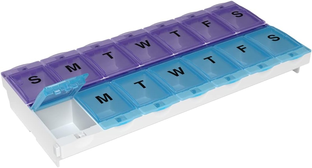 EZY DOSE (14-Day) AM/PM Pill Case, Medicine Planner, Vitamin Organizer Box, 2X-Large Locking Compartments to Secure Prescription Medication and Prevent Accidental Spilling, Color May Vary, BPA Free