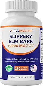 Vitamatic Slippery Elm Bark 10000 mg Equivalent Per Service (20:1 Ekstrak 500 mg) Made with Peppermint, DGL, & Aloe Vera - 180 Veg Capsules ve Yoğun 20X Potency