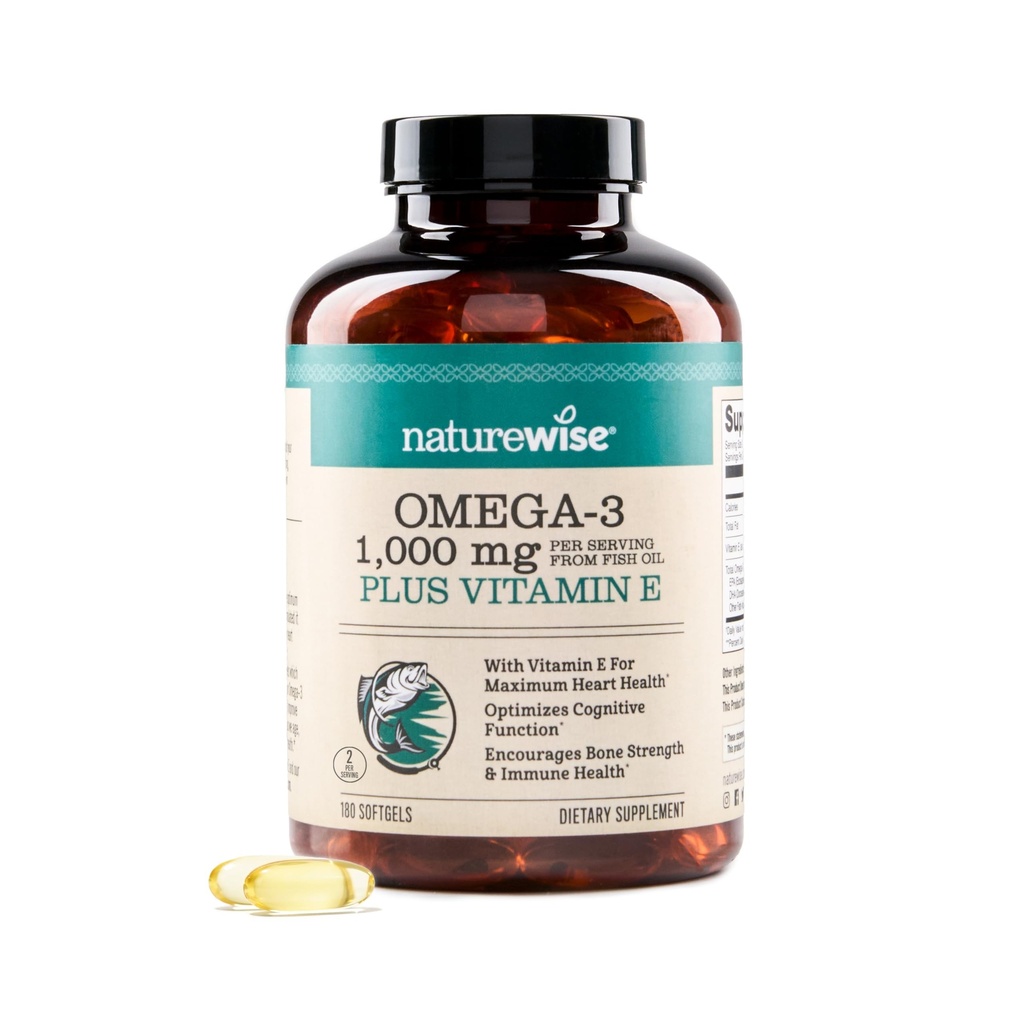 NatureWise Extra-Strength Omega 3 Fish Oil Supplement - hizmet başına 1000 mg - 600 EPA & 400 DHA ve Vitamin E - Heart & Brain Health - Lemon Flavor, GMO-Free - 180 Softgels[3-Month Supply]