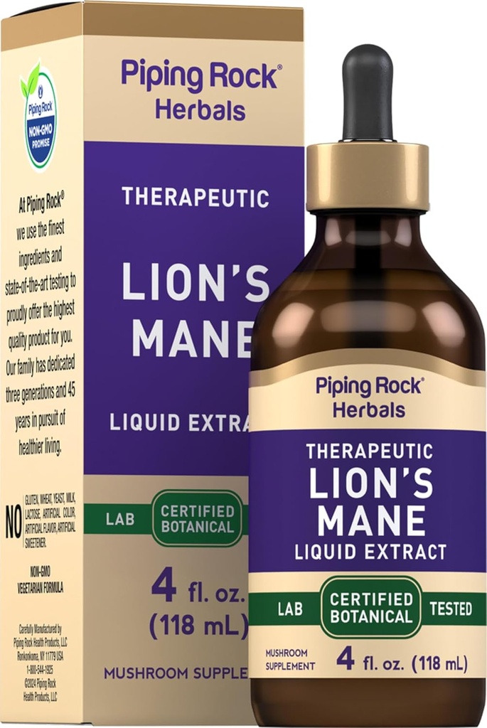 Piping Rock Lions Mane Tincture | 4 Fl Oz | Mushroom Extract Liquid Drops | Alkol Free Supplement | Vegetarian, Non-GMO, Gluten Free
