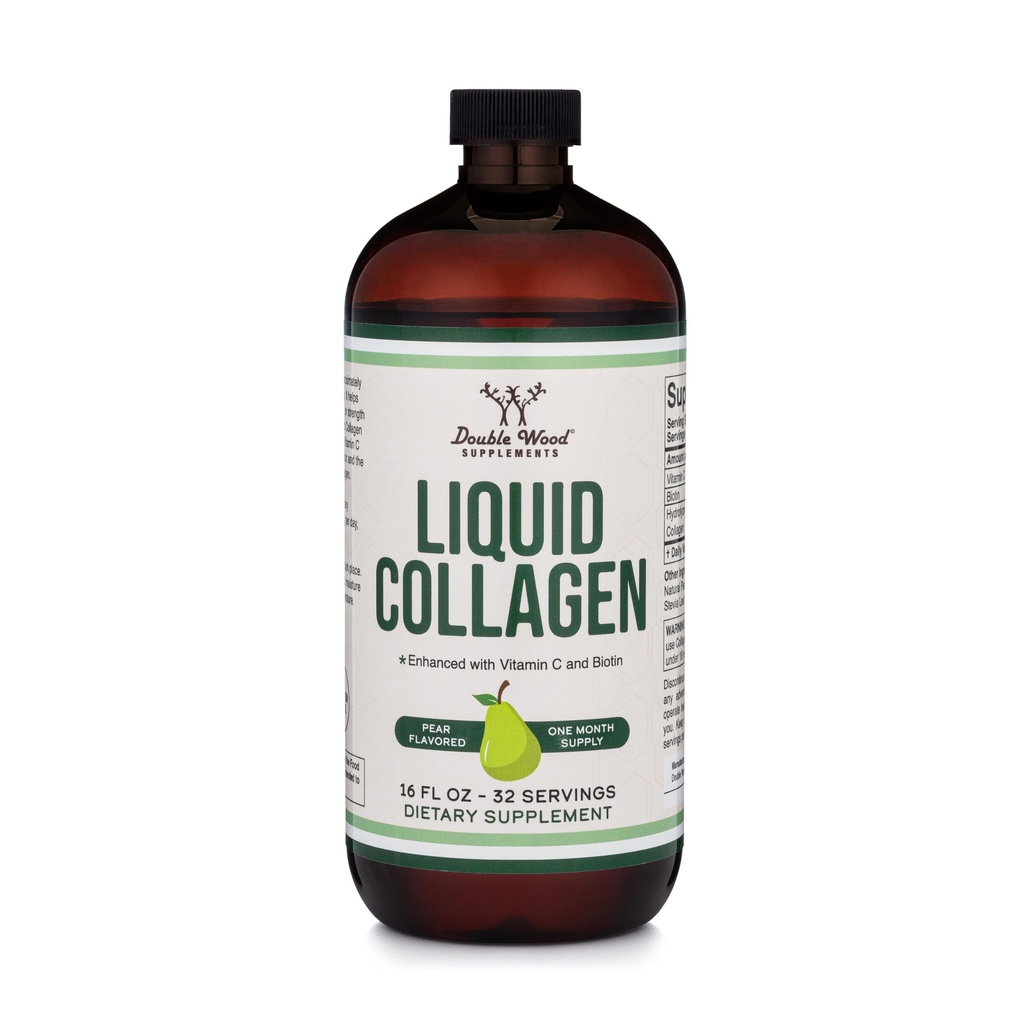 Çift Wood Supplements Liquid Collagen - Hydrolyzed Bovine Collagen (Type 1, 3 ve Grassfed) - 32 Hizmet - Kadınlar ve Erkekler için - 30 mcg of Biotin - Sugar Free Pear Flavor