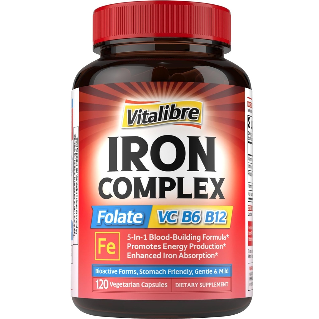 Kadın ve Erkekler için Demir Supplement, C, B6, B12 & Foate for Iron Deficiency, Blood Building & Energy Support, Stomach Friendly, Better Abxia, Non-GMO,No Gluten,120 Vegan Caps