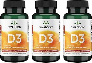 Swanson Vitamin D3 - Kemik Sağlığı ve Immune Sistemi Desteğini Geliştirmek - Gıda Dağıtımı ve Aborpsiyon için Doğal Destek - (250 Softgels) 3 Pack