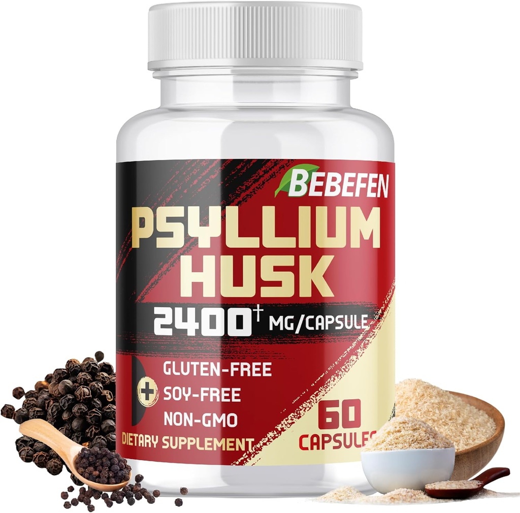 BEBEFEN Κάψουλες Psyllium Husk 2400mg με Μαύρο Πιπέρι - 2 Μήνες Προμήθεια - Καθημερινή Διαλυτή Ίνα για την Υγεία των Ούλων - Μη ΓΤΟ και Χωρίς Γλουτένη Φόρμουλα