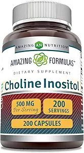 Amazing Formulas Choline & Inositol Supplement | 500 Mg Per | Capsules | Non-GMO | Gluten-Free | Made in USA (1 Pack, 200 Count)