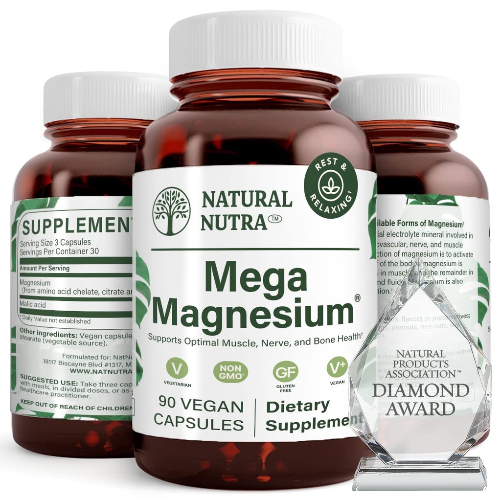 Φυσικό Nutra Mega Magnesium 400mg συμπλήρωμα - Υψηλή απορρόφηση Χηλικό Αμινοξύ, Καλύτερα Vibes, Κιτρικό, Μηλεϊνική ανάμειξη για την ανάπτυξη των μυών, τη δύναμη των οστών, την υγεία της καρδιάς, την υποστήριξη των νεύρων - 90 κάψουλες