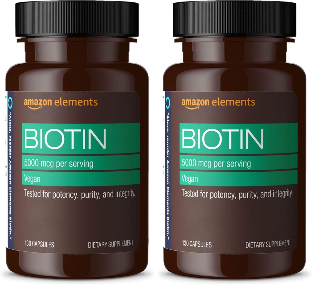 Elements Vegan Biotin 5000 mcg - Saç, Skin, Nails, 130 Capsules (4 Ay Supply) (Pazar Mayıs Vary) (Pack of 2)